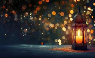 AI generated Glowing Arabic Lantern with Candle and Golden Bokeh for Ramadan Kareem photo
