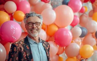 ai generado alegre mayor hombre en elegante atuendo con globos a nerds fiesta foto