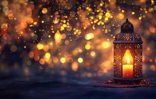 AI generated Glowing Arabic Lantern with Candle and Golden Bokeh for Ramadan Kareem photo