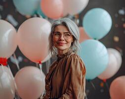 AI generated Joyful Senior Woman in Elegant Attire with Balloons at Nerds Party photo