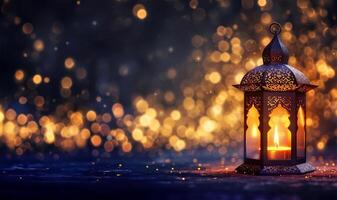 ai generado brillante Arábica linterna con vela y dorado bokeh para Ramadán kareem foto