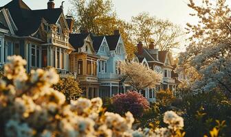 AI generated Houses with a Backdrop of Spring Blooms photo