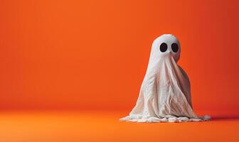 AI generated Child in White Ghost Costume on Orange photo