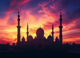 ai generado mezquita domos y torres en contra puesta de sol cielo foto