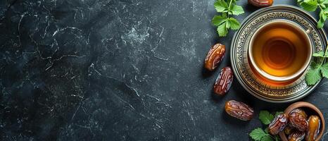 AI generated Ramadan Tea and Dates on Dark Background photo