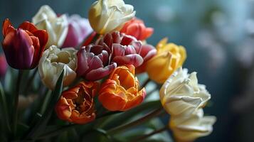 AI generated Elegant Tulip Bouquet, Enchanting Closeup with Bokeh Background, Nature's Delicate Charms photo