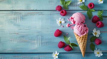 AI generated Innovative Delight - Raspberry Ice Cream Cone on Blue Wooden Background photo