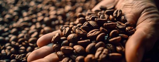 AI generated Coffee Elegance - Close-Up Low Angle of Beautiful Coffee Beans Drifting on a Hand photo