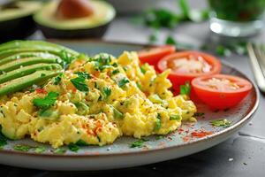 AI generated Morning Freshness - A Plate of Scrambled Eggs with Avocado and Tomatoes photo