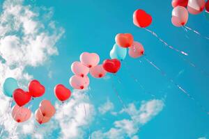 ai generado amor en el aire corazón conformado globos flotante en contra un azul cielo foto