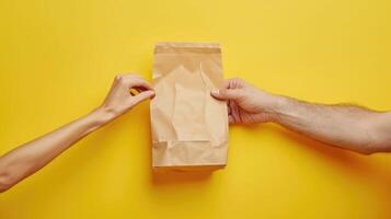 AI generated Giving and Receiving Paper Bag on Yellow Background - Sharing Joy and Surprises photo