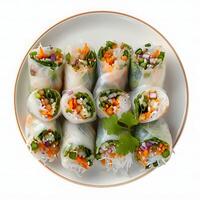 AI generated Fresh and vibrant goi cuon  - spring rolls, a Vietnamese delicacy, isolated on a clean white background photo