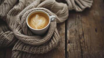 AI generated Cozy Coffee Brewing and Warm Knitted on a Wood Floor - Embracing Warmth on a Chilly Night photo