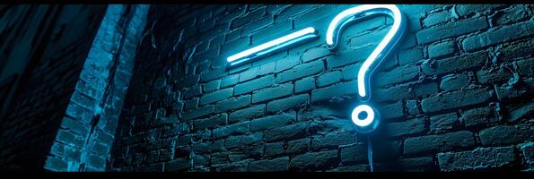 AI generated Neon Question Mark Sign Casting Light on Brick Wall - Curiosity Illuminated, trivia day concept photo