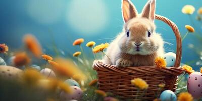 AI generated Rabbit peeking through with Easter eggs basket in a flower field with blue sky. photo