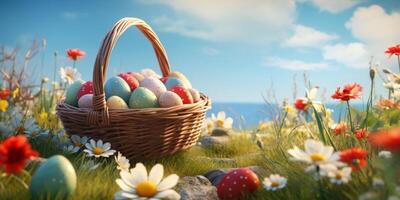 AI generated Easter eggs in basket with flower field on blue sky background. photo