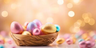 AI generated Rainbow and gold Easter eggs on table setting isolate on pink background. photo