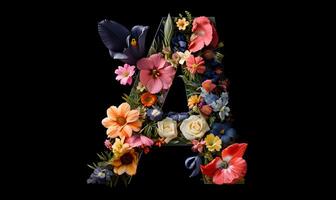 AI generated Capital Letters A with flowers isolate on black background. photo