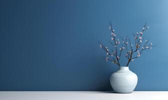 AI generated Empty interior background room with blue wall and white flower in vase. photo
