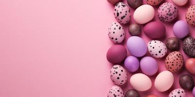 AI generated Rainbow and gold Easter eggs on table setting isolate on pink background. photo