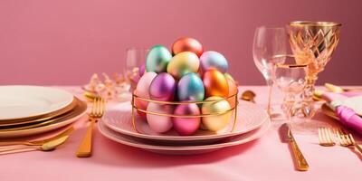 AI generated Rainbow and gold Easter eggs on table setting isolate on pink background. photo