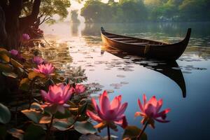 AI generated wooden boat on a lake with blooming pink lotuses photo