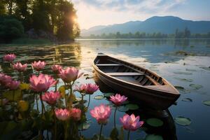 AI generated wooden boat on a lake with blooming pink lotuses photo