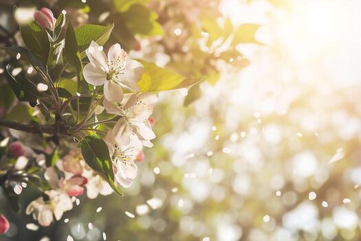 AI generated Spring background of a branch of a blossoming apple tree with falling petals, blurred background, backlight photo