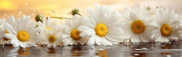 AI generated chamomile flowers close-up with drops of dew on the background of bokeh and rays of light photo