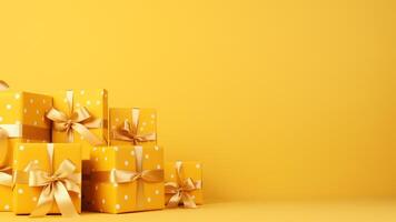AI generated yellow gift boxes with ribbons on a yellow background. festive background with place for text photo
