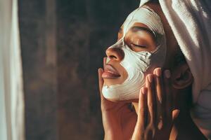 AI generated Beautiful young woman in towel on head applying clay mask on her face photo