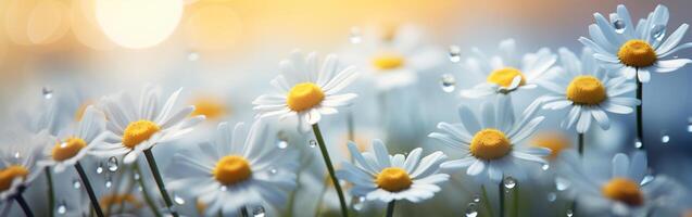 AI generated chamomile flowers close-up with drops of dew on the background of bokeh and rays of light photo