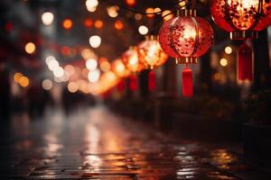 AI generated Chinese red lanterns  on a night street during Chinese New Year photo