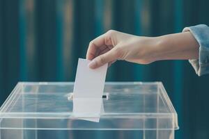 ai generado mujer poniendo votación papel en el votación caja.votando concepto. foto