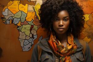 ai generado retrato de un africano americano mujer con un mapa de África en el antecedentes foto