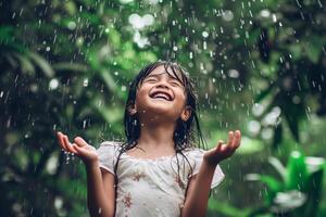 AI generated Little Asian girl exposed her face to the raindrops, enjoying the tropical rain photo