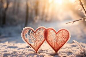 AI generated two red hearts in frost on smooth snow on a frosty sunny day photo