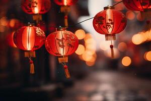 AI generated Chinese red lanterns  on a night street during Chinese New Year photo