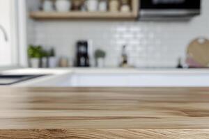 AI generated Empty wood table top and blur bokeh modern kitchen interior photo