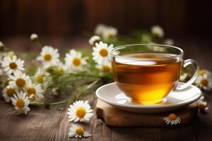 ai generado taza de té y manzanilla flores en de madera antecedentes foto