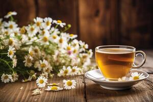 ai generado taza de té y manzanilla flores en de madera antecedentes foto