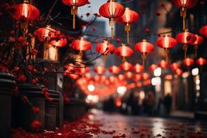 AI generated Chinese red lanterns  on a night street during Chinese New Year photo