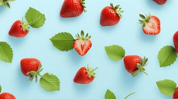 AI generated background of strawberry and mint leaves on a pale blue background photo