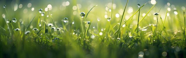 AI generated grass close-up with drops of dew in the background bokeh and rays of light photo