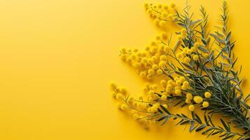 AI generated Branch of mimosa on yellow background. Flat lay, top view. photo