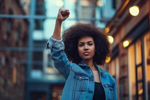 ai generado joven africano americano mujer con Gafas de sol y elevado puños arriba foto