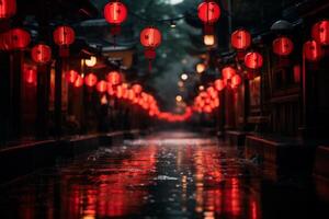 AI generated Chinese red lanterns  on a night street during Chinese New Year photo