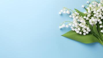 AI generated pale blue background with a bouquet of lilies of the valley, free space for text photo