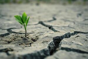 AI generated Green seedling growing from dry cracked earth. Global warming concept. photo