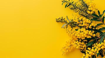 AI generated Branch of mimosa on yellow background. Flat lay, top view. photo